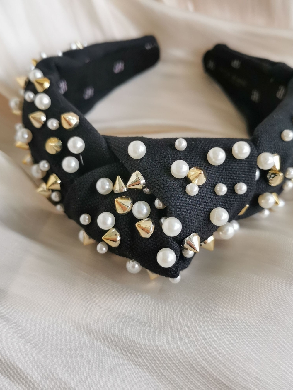 Alicia Bonnie Pearl Studded Headband Black Padded Hair Hoop Chic Gothic